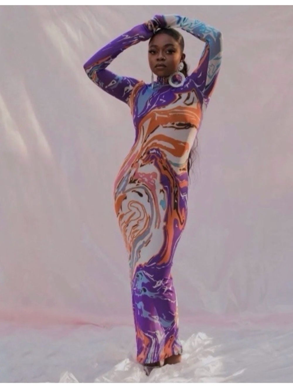 Abstract Swirl Purple & Orange Maxi Dress - Sleek Long-Sleeve Silhouette